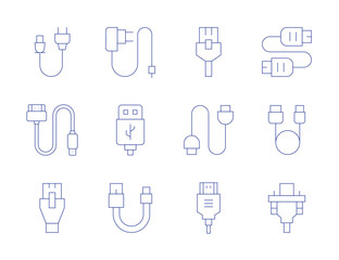 Cable icons. Thin Line style, editable stroke. power cable, ethernet, hdmi cable, usb connection, network cable, charger, plug in, usb cable, vga cable