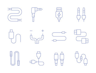 Cable icons. Thin Line style, editable stroke. wire, charger, internet, coaxial, usb, audio jack, jack connector, jack, cable, usb cable