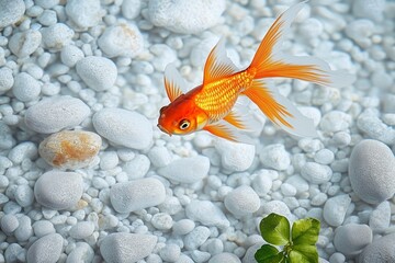 Top view of goldfish in clear water with white rock bottom