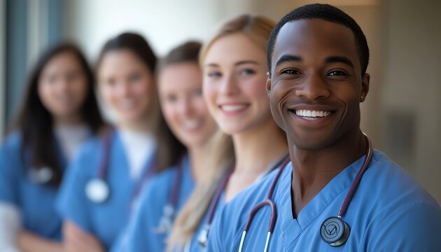 Group of diverse medical student nurses in training at college, showcasing teamwork and collaboration in a healthcare education setting