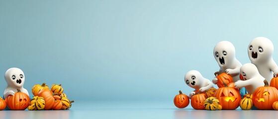 Fototapeta premium A blue background with a bunch of pumpkins and ghosts