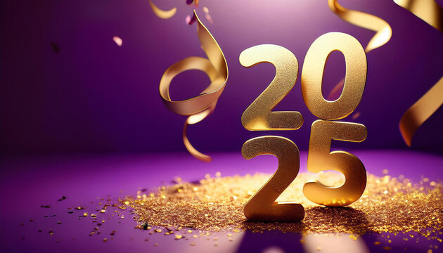 Happy New Year poster with golden letters 2025 on dark shimmering purple and dark blue background Happy Celebration Sparkles Banner Generative AI