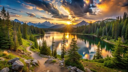 Naklejka premium Wide-angle sunset hike through forest scenery with mountains and tranquil lake