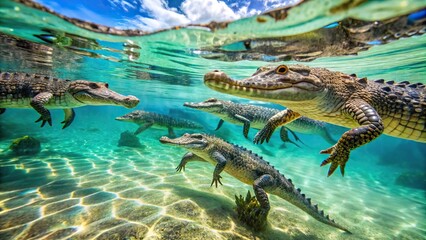 Wild estuarine crocodile swimming in freshwater