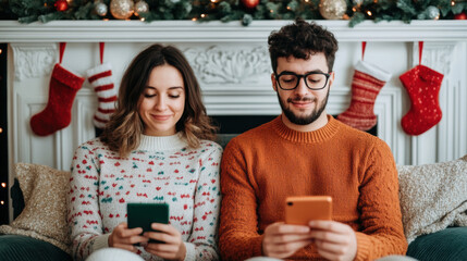 A cozy festive scene with a couple sitting on a couch, enjoying their smartphones, surrounded by holiday decorations and Christmas stockings.