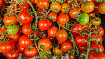 Tomatoes background. Tomatoes on the counter in the store. Vegetables