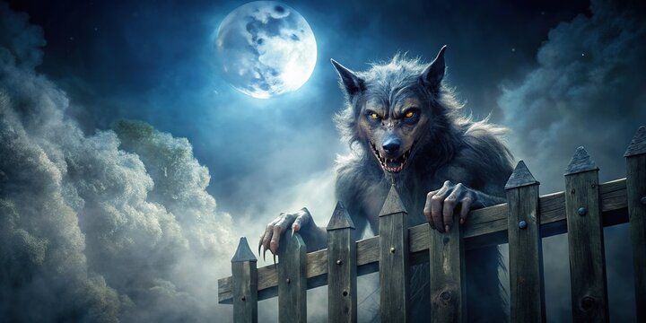 Werewolf or Dogman cryptid looking over a fence on a foggy night Close-Up