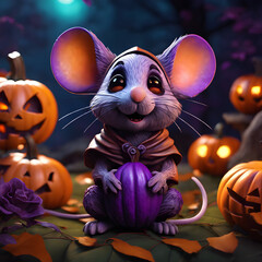 A mouse dressed as a zombie sits on a large pumpkin in a garden with lights on. The mouse looks cute but makes it look scary.