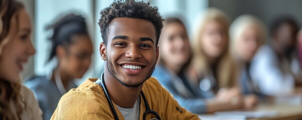 Medical student nurses in a college classroom, showcasing diversity and teamwork while training with their doctor colleagues in healthcare education
