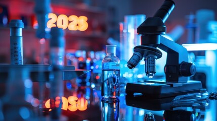Futuristic laboratory with microscope and glowing 2025 in scientific setting