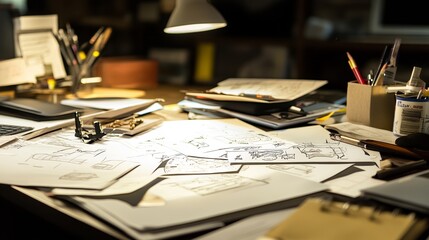 Close-up of an animator's desk with detailed sketches, capturing the creative animation process