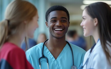 Nursing students from different backgrounds in training at college, working collaboratively with doctor colleagues in a vibrant educational setting