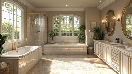 Luxury Bathroom Interior Design with Freestanding Tub, Walk-in Shower, and Double Vanity