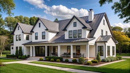 White modern farmhouse with dark shingled roof and black window frames, covered porch, landscaping