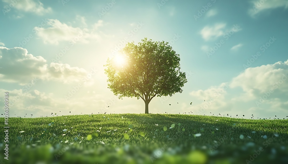 Poster A vibrant tree stands alone on a hill, basking in the sunlight with fluffy clouds in a clear blue sky, creating a serene and peaceful atmosphere.