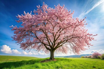 Fototapeta premium Tilted angle cherry blossom tree in spring landscape with sakura blooming