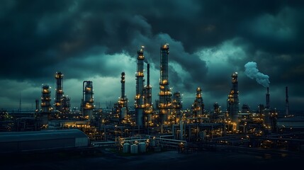 Fototapeta premium A petrochemical plant with distillation columns and tanks, set against a dramatic stormy sky.