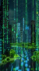 Futuristic cityscape with digital binary rain