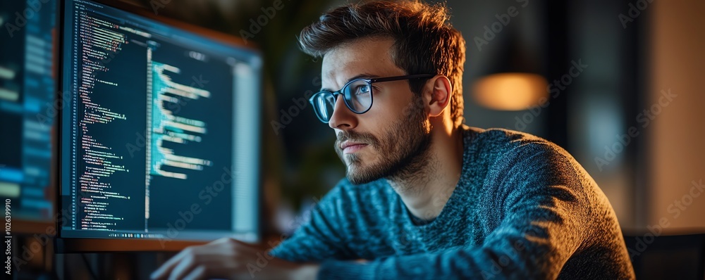 Poster creative image of a man programming with cybersecurity tools, representing expertise in networking a