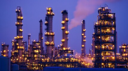 Fototapeta premium A petrochemical plant operating at night, surrounded by towering distillation columns glowing with lights.