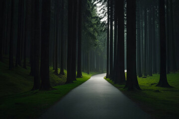 A serene path through tall trees in a misty forest during early morning light