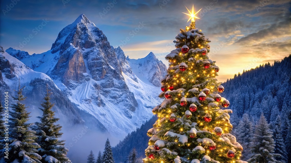 Wall mural towering christmas tree in the mountains close-up