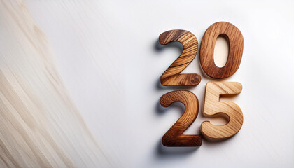 Wooden number 2025 on wooden table white wall New Year