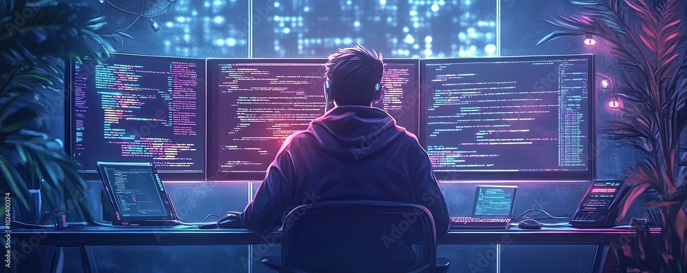 Poster dynamic scene of a man programming in a cybersecurity environment, emphasizing his role in protectin