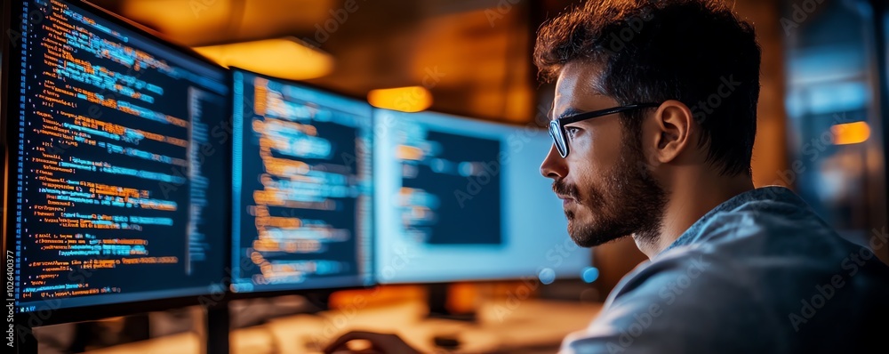 Poster dynamic scene of a man programming in a cybersecurity environment, emphasizing his role in protectin
