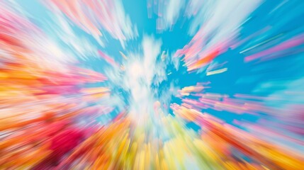 Obraz premium First person view of a rainbow in a clear blue sky, emphasizing motion in a dreamlike style