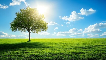 A solitary tree stands in a lush green field under a bright blue sky, showcasing nature's beauty with sunlight filtering through fluffy clouds.