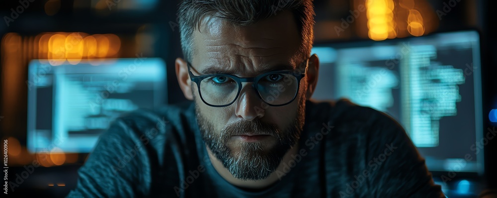 Poster focused male programmer developing code for cybersecurity, illustrating his expertise in networking 