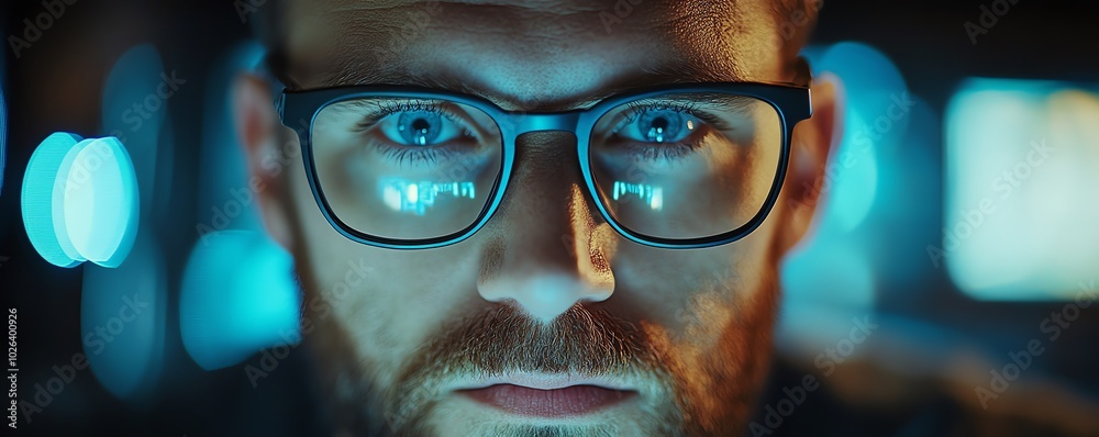 Poster focused male programmer developing code for cybersecurity, illustrating his expertise in networking 