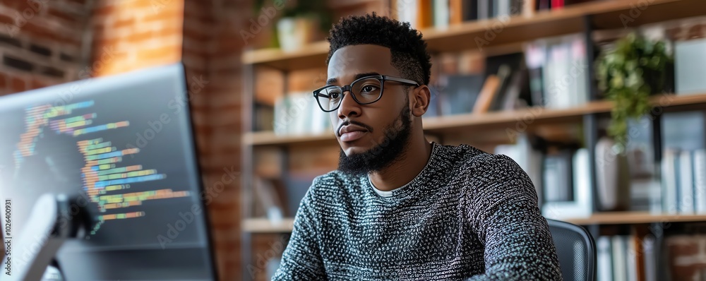 Poster focused male programmer developing code for cybersecurity, illustrating his expertise in networking 