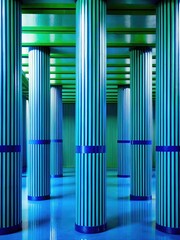 Fototapeta premium Modern room with tall columns illuminated with blue lights.