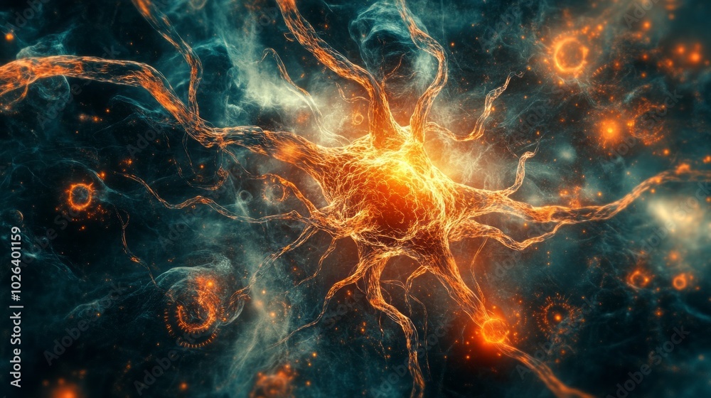 Poster a colorful, glowing brain with many small orange dots surrounding it