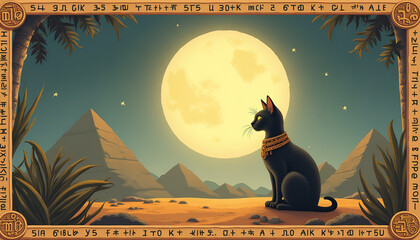 Ancient Egyptian cat with pharaoh's necklace sitting under a full moon with pyramids in the background