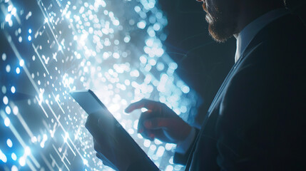 Executive Engaged with Virtual Blockchain Network on Tablet, Interactive Data Fields Floating, Close-Up of Hands and Technology