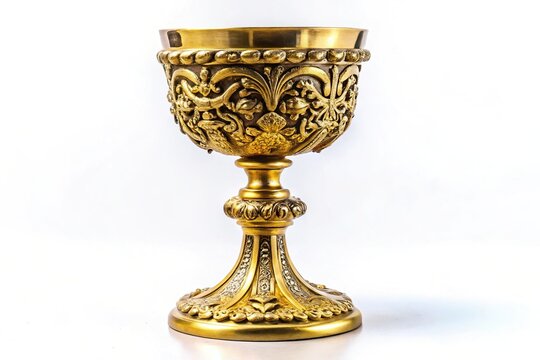Ornate golden cup chalice goblet on white background with vintage engraving