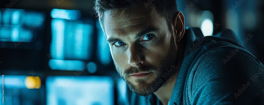 Poster intense male programmer engaged in coding, emphasizing his role as a cybersecurity specialist focuse
