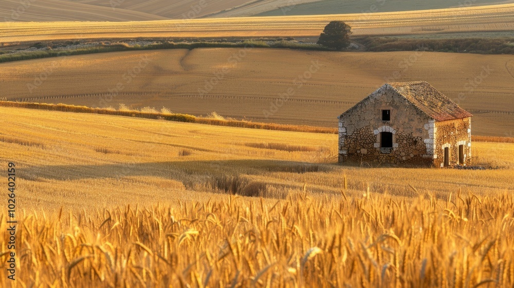 Wall mural ancient stone barn amidst vast fields of wheat