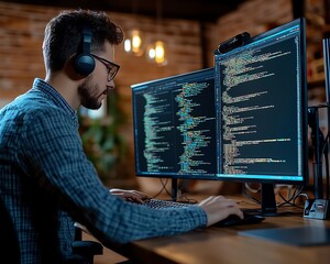 Professional male programmer working on coding solutions, emphasizing expertise in networking and cybersecurity against malware threats