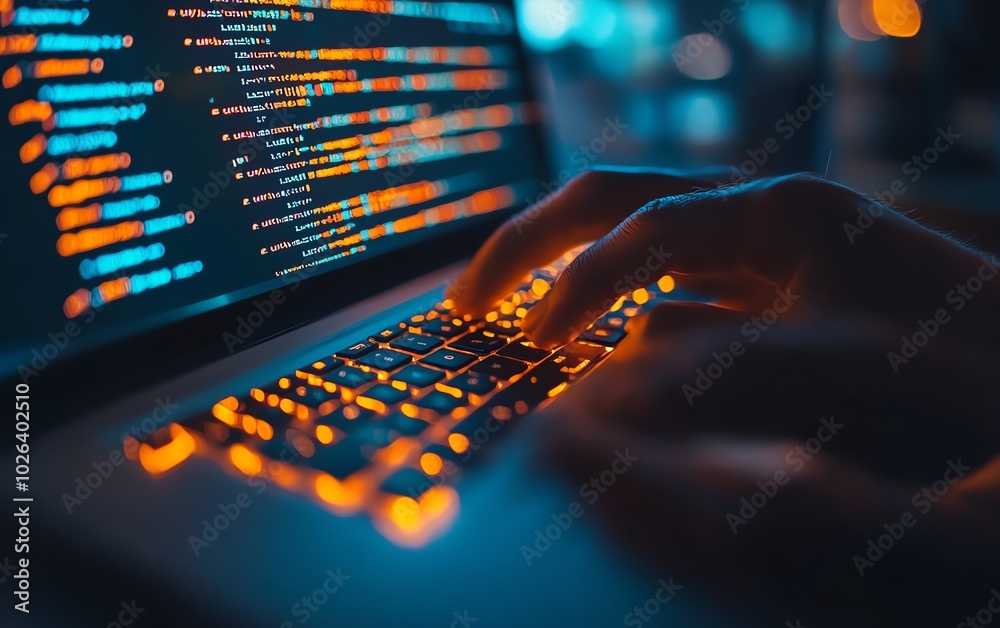 Poster skilled man coding for cybersecurity, highlighting networking solutions and strategies for combating