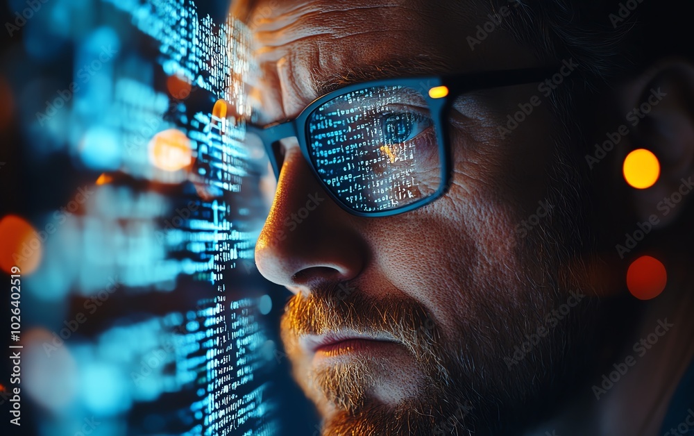 Poster skilled man coding for cybersecurity, highlighting networking solutions and strategies for combating