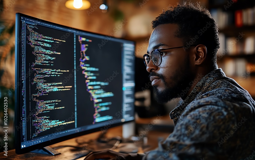 Poster skilled man coding for cybersecurity, highlighting networking solutions and strategies for combating