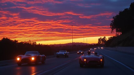 A group of classic cars driving down a highway at sunset with dramatic red and orange clouds in the sky.