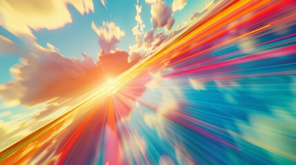 Fototapeta premium Experience the thrill of hyper speed flight beneath a vibrant rainbow in a dynamic blue sky