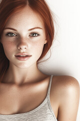 Obraz premium A young woman with red hair and freckles poses against a plain wall in soft light