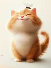 Fototapeta premium Cute Kitty's Close Encounter: A 3D Cartoon Cat Meets a Beautiful Insect in a Minimalist, Award-Winning Illustration