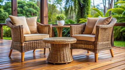 Fototapeta premium Outdoor furniture set with wicker chairs, wooden table, and cushions